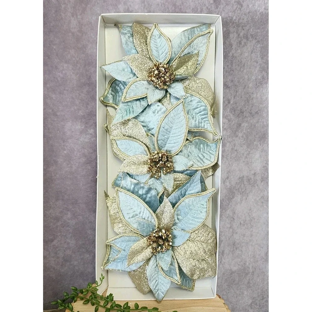 Blue Silver Glitter Flower Ornaments Clip On Tree Decor‎ 7